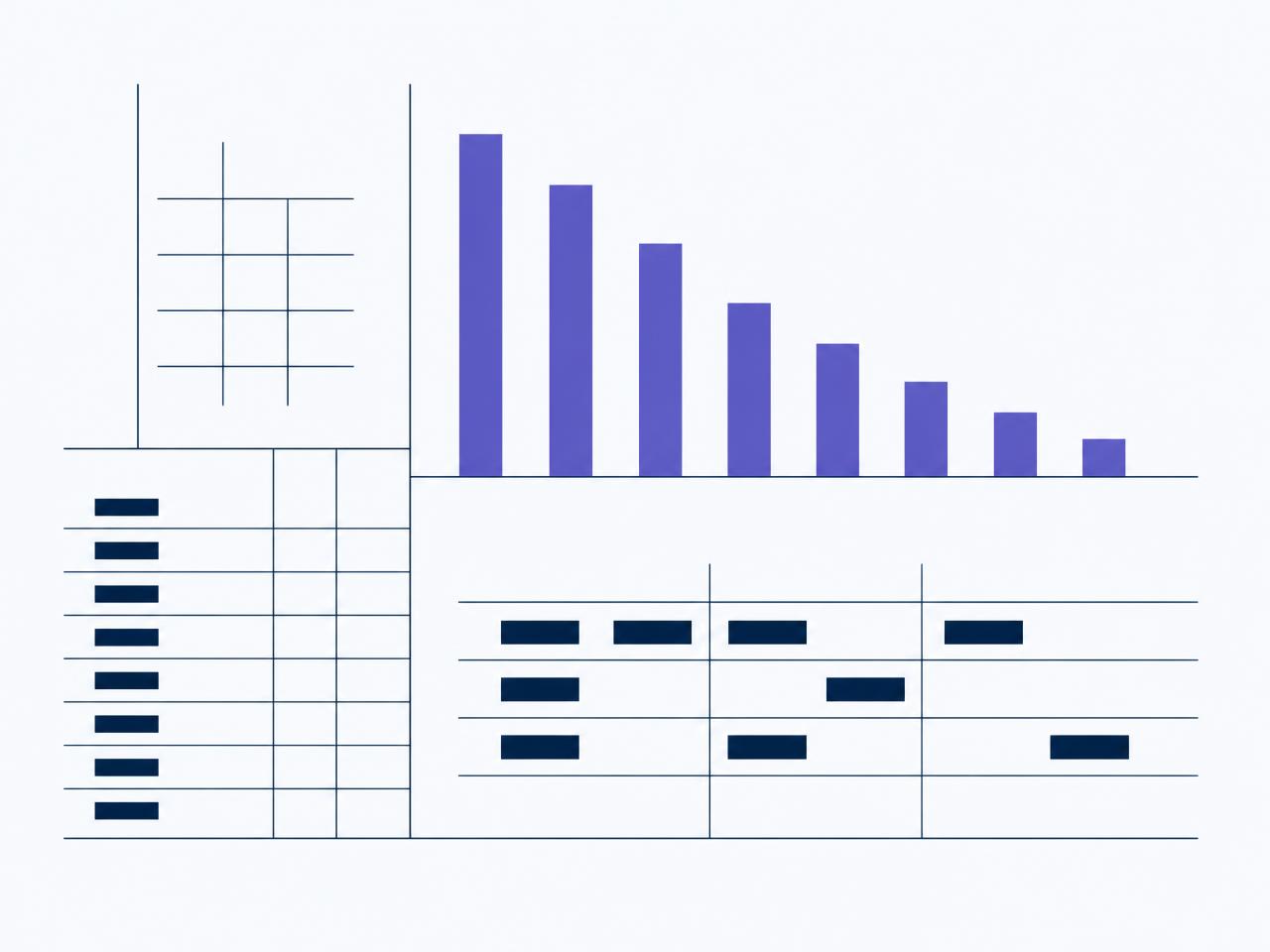 Abstract ledger composition: hairline invoice rows beside a descending set of violet age bands